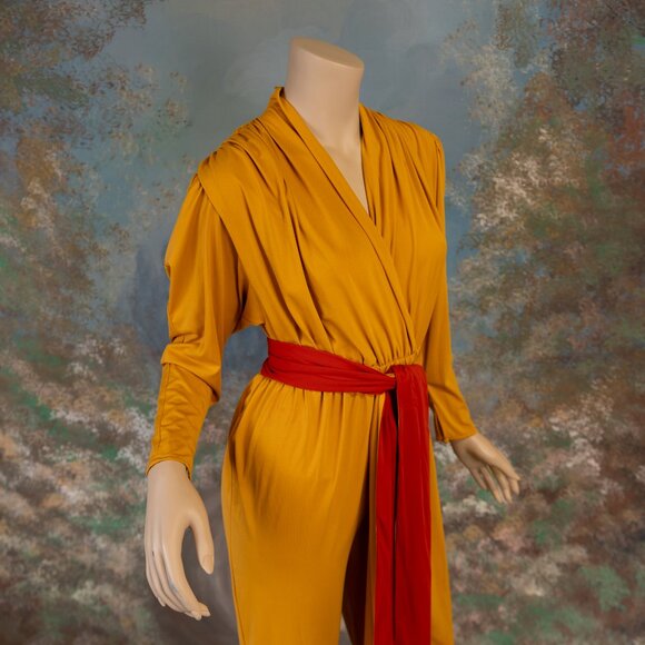 Vintage * LILLI ANN * 80s Mustard Yellow Draped Jumpsuit with Red Sash Belt - Picture 16 of 16